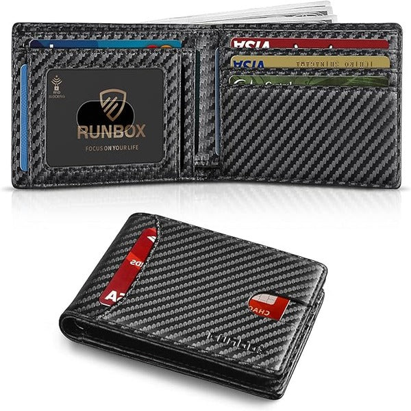 RUNBOX Wallet for Men Slim Rfid Leather 2 ID Window With Gift Box