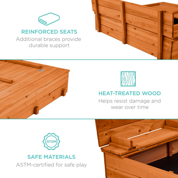 Kids Cedar Sandbox w/ Sand Screen, 2 Benches - 47x47in