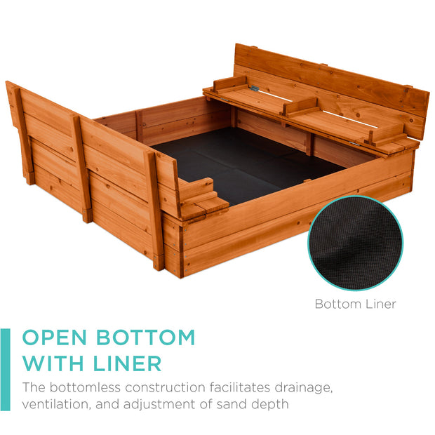 Kids Cedar Sandbox w/ Sand Screen, 2 Benches - 47x47in