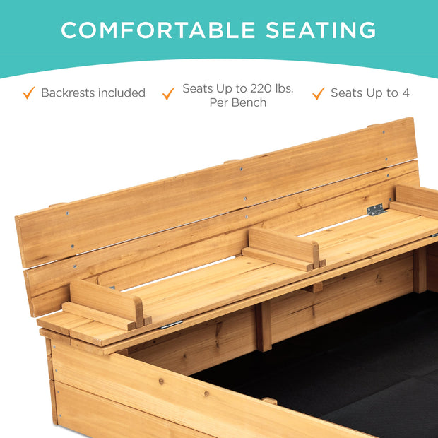 Kids Cedar Sandbox w/ Sand Screen, 2 Benches - 47x47in