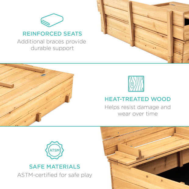 Kids Cedar Sandbox w/ Sand Screen, 2 Benches - 47x47in