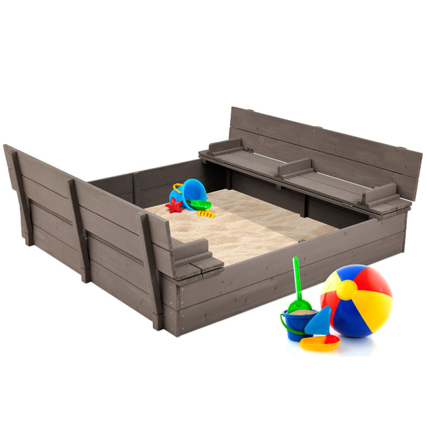 Kids Cedar Sandbox w/ Sand Screen, 2 Benches - 47x47in